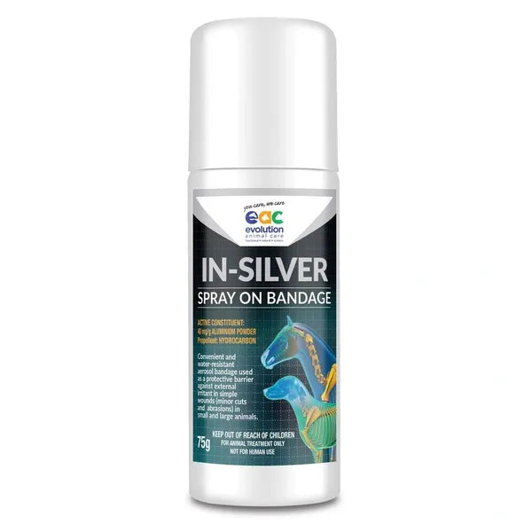 IN-SILVER SPRAY ON BANDAGE 75G, FOR HORSES, CATTLE, DOGS & OTHER PETS & ANIMALS